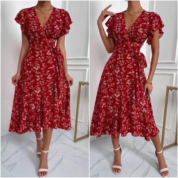 022 Boho Red Floral print Butterfly Sleeve Dress - Picture 2 of 3